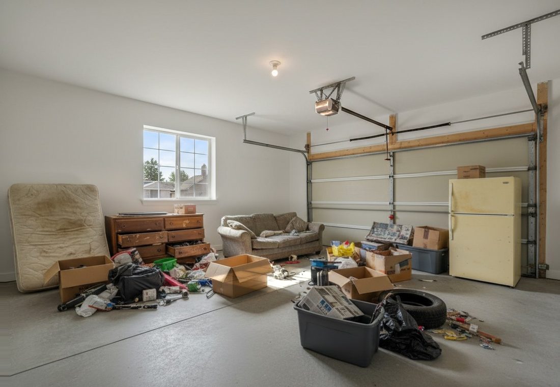 Boise garage packed with old furniture and clutter before junk removal