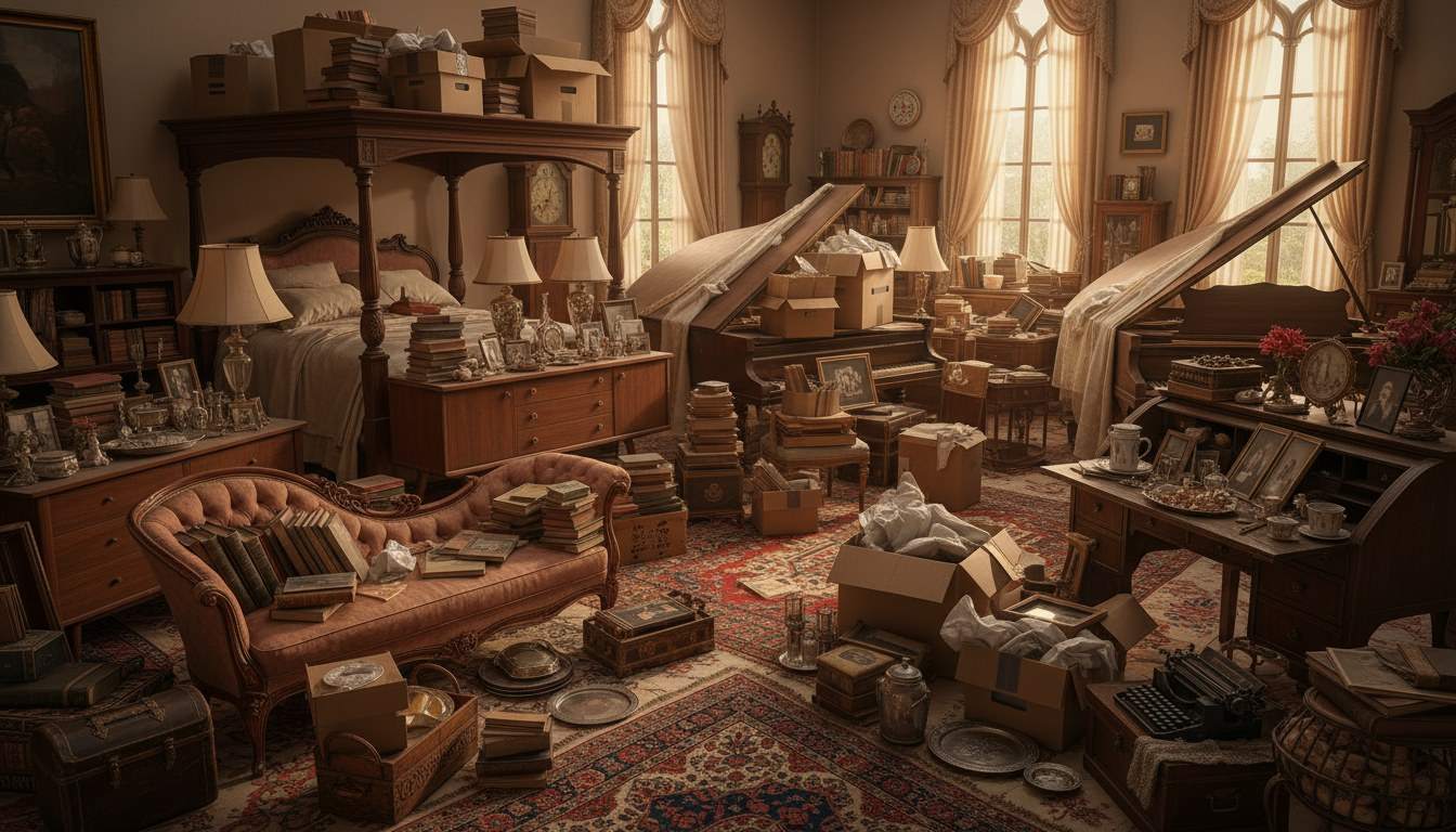 Estate room filled with furniture and household items accumulated over decades
