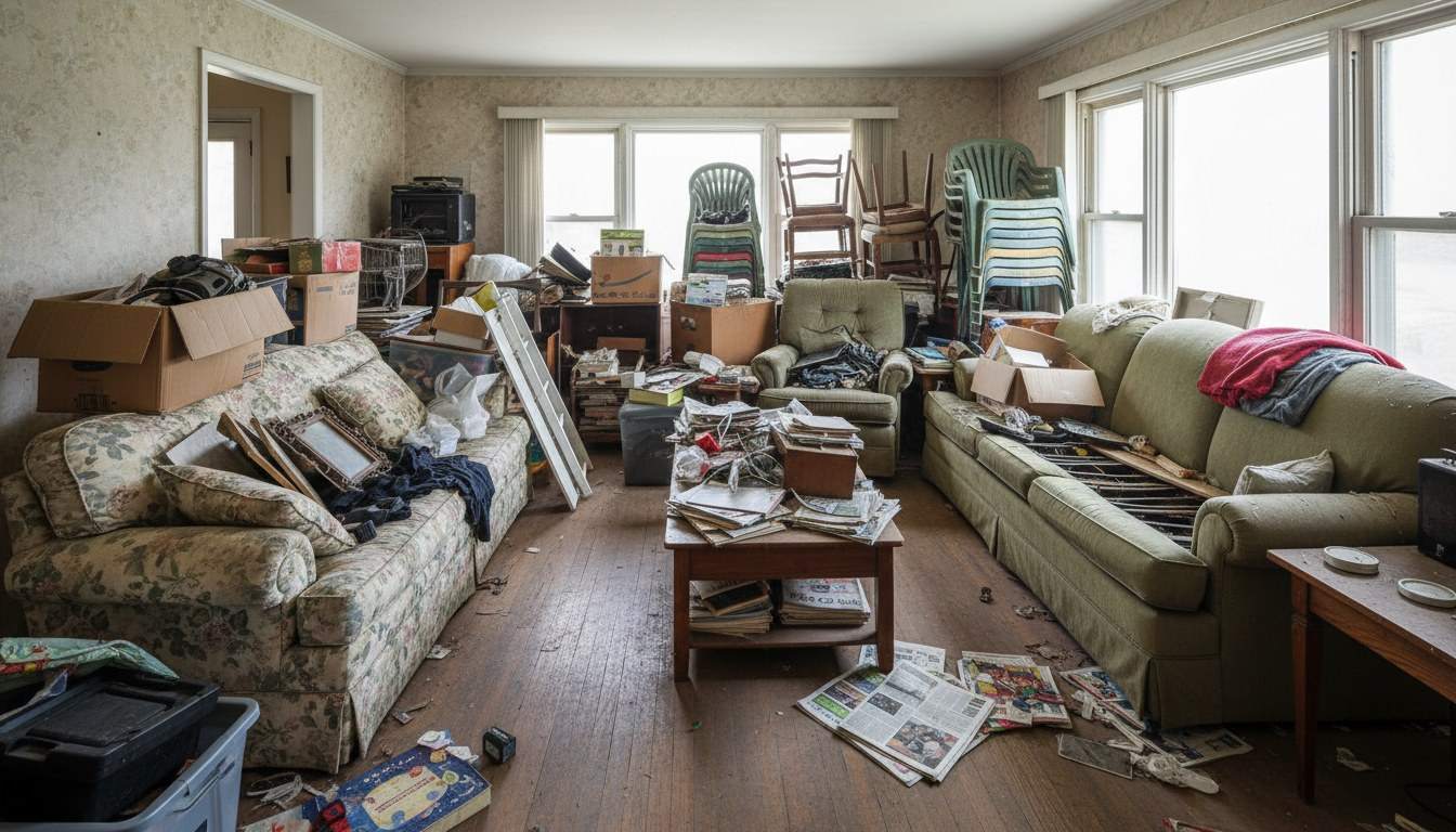 Cluttered living room with old furniture ready for junk removal
