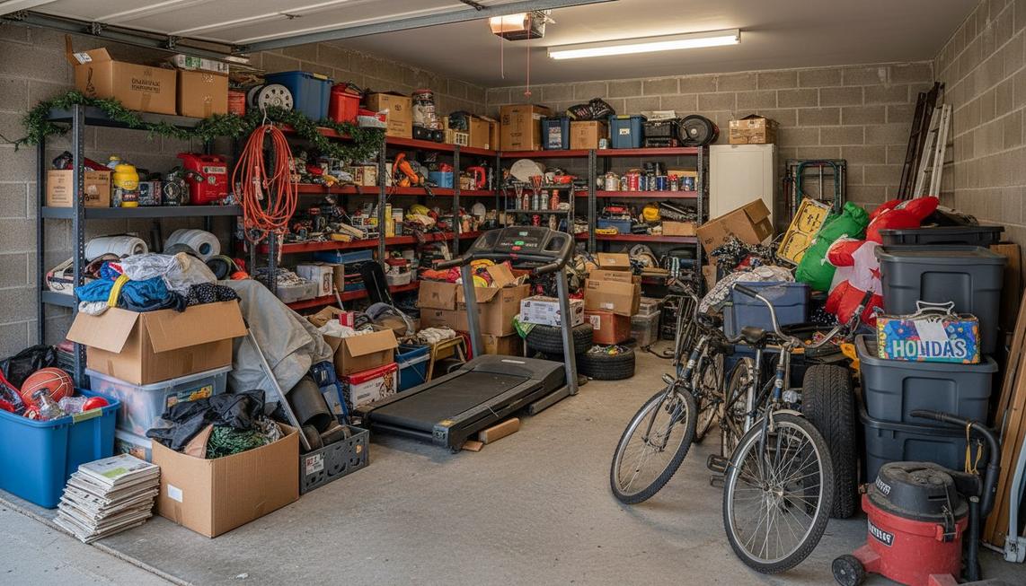 Garage packed from floor to ceiling with boxes, tools, bikes and clutter